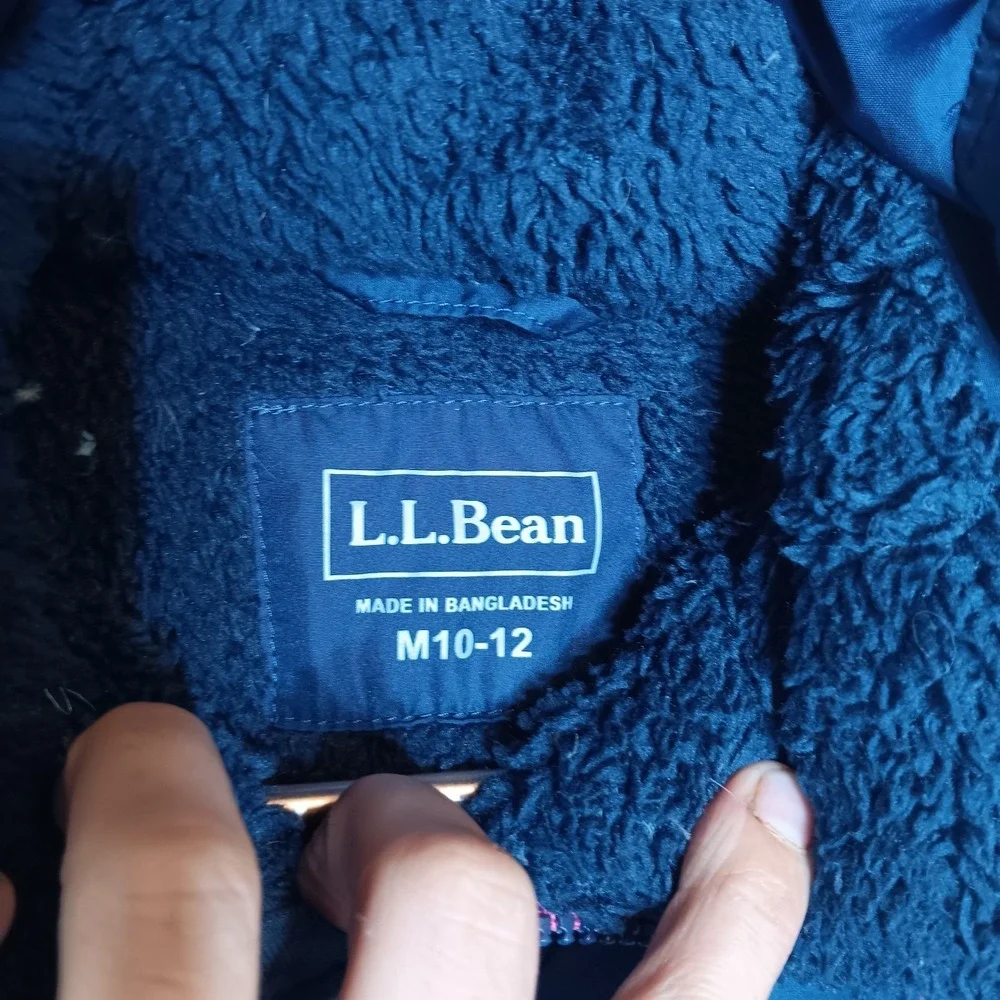 L.L. Bean Down Jacket Girls M 10-12 Pink Blue Colorblock Puffer Hooded Outdoor
